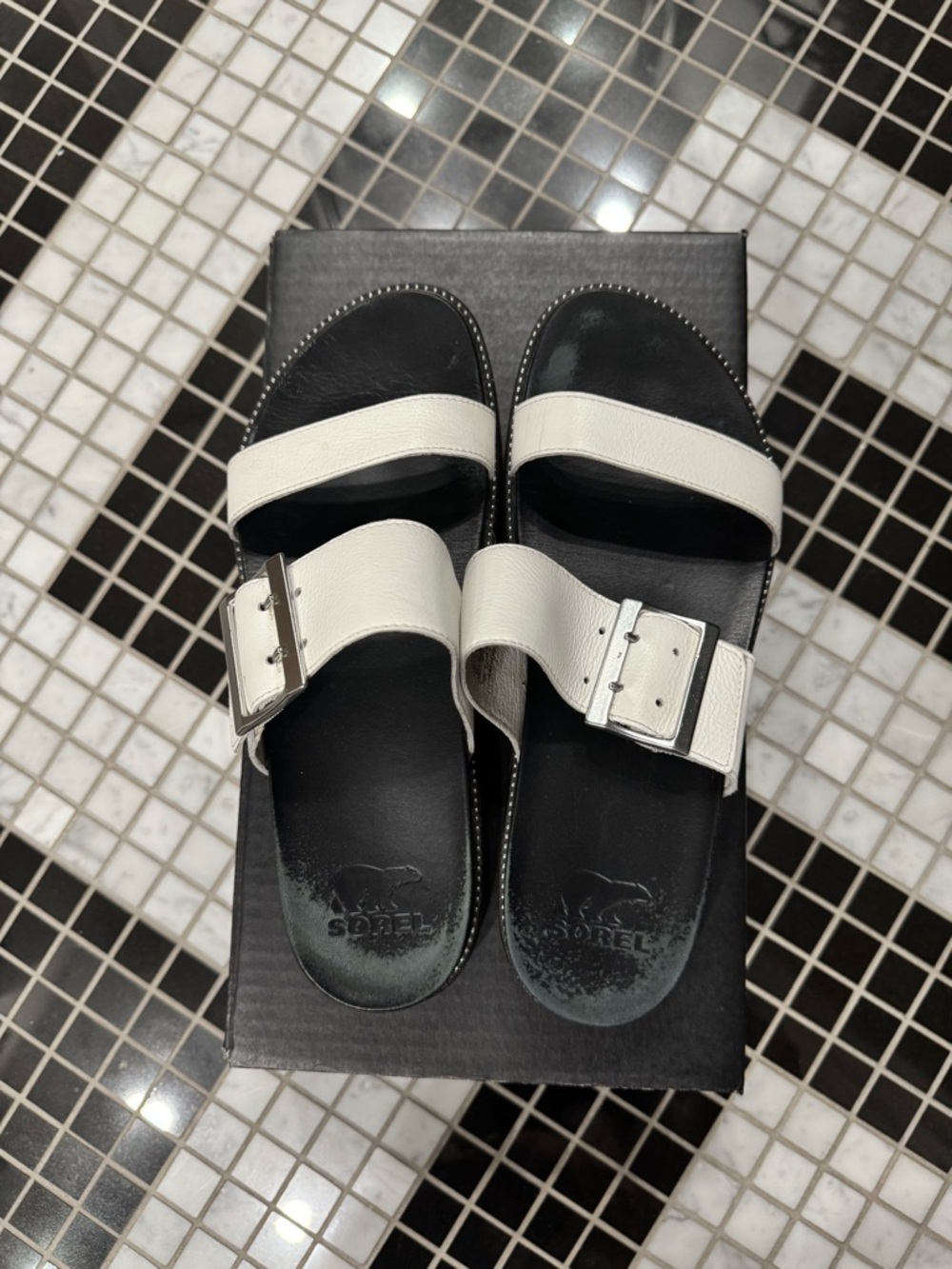 Womens Black & White Leather Slide Sandals with Buckle - Picture 4 of 5
